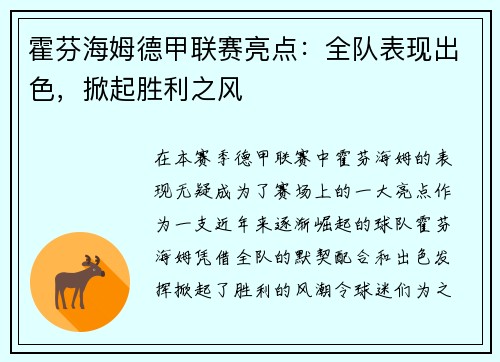 霍芬海姆德甲联赛亮点：全队表现出色，掀起胜利之风