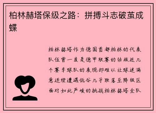 柏林赫塔保级之路：拼搏斗志破茧成蝶